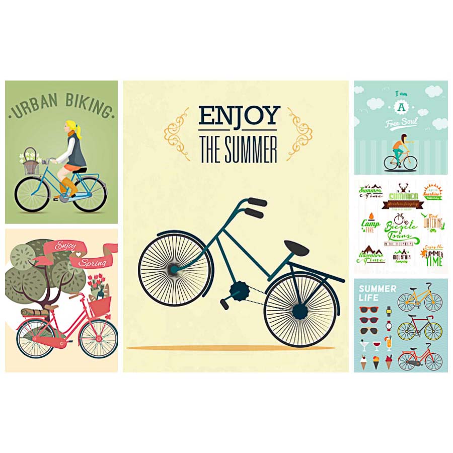 Summer Bicycle Illustration Set Vector Free Download