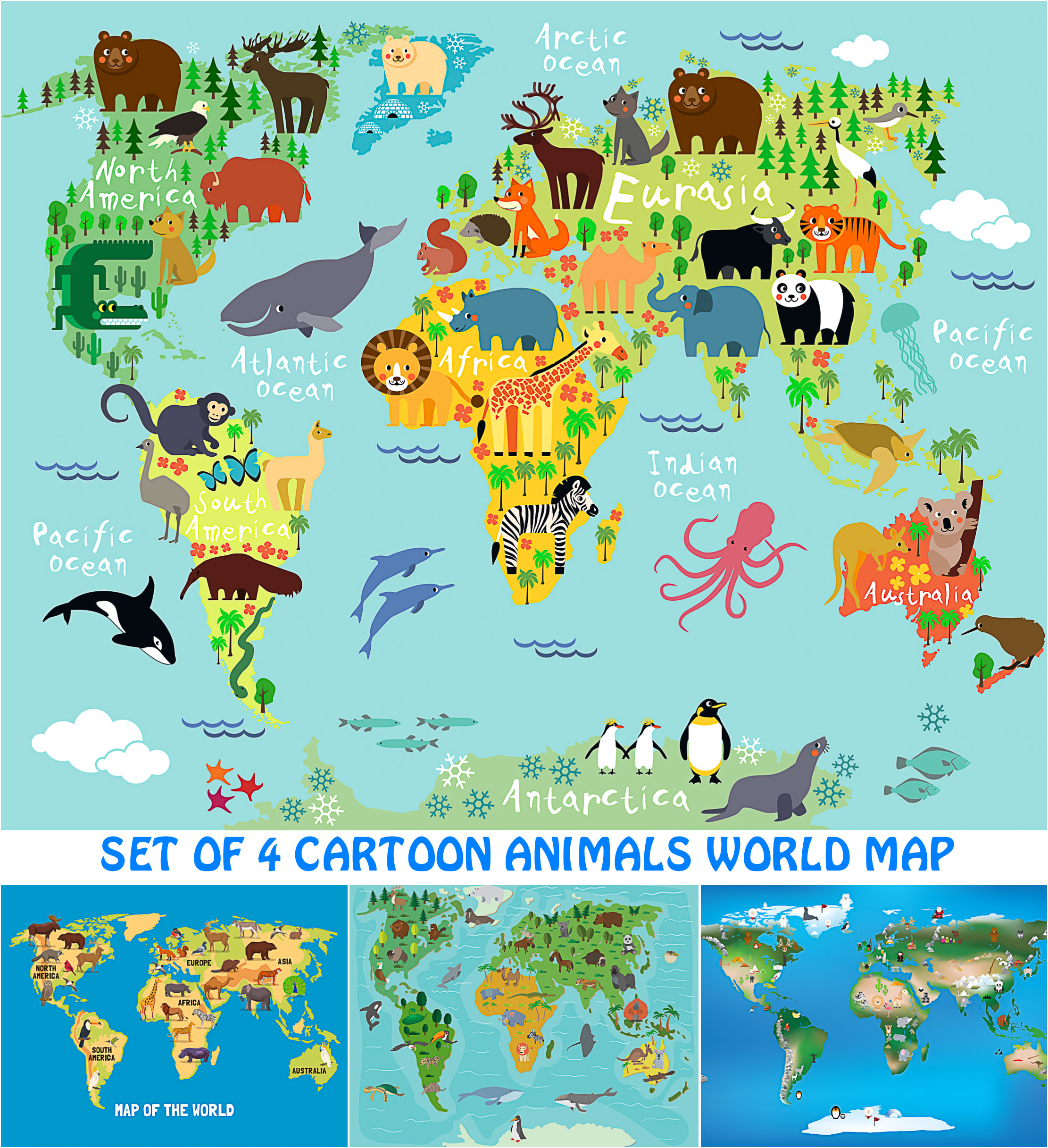 Cartoon animals world map set vector | Free download
