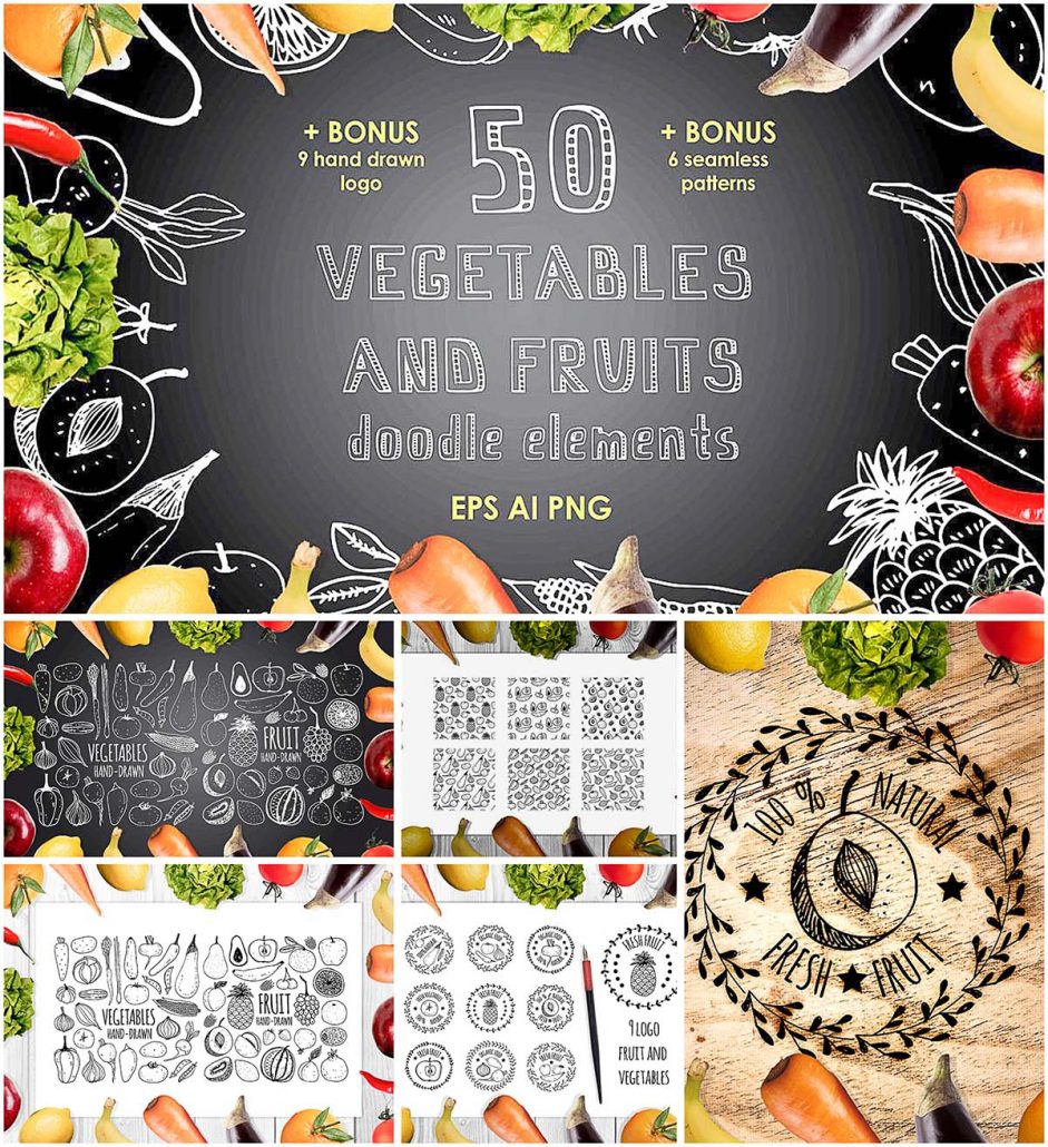 50 vegetables and fruits elements | Free download