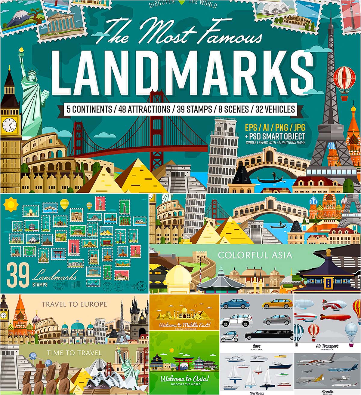 Most famous landmarks of the world vector illustration Free download