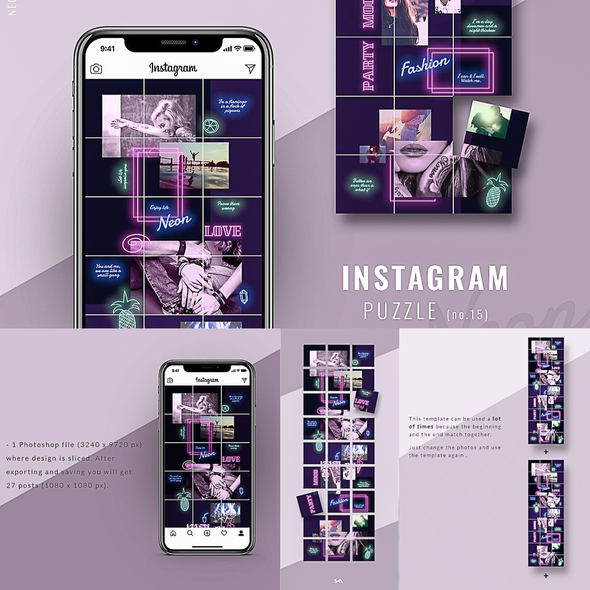 Instagram Puzzle Template Neon Free download