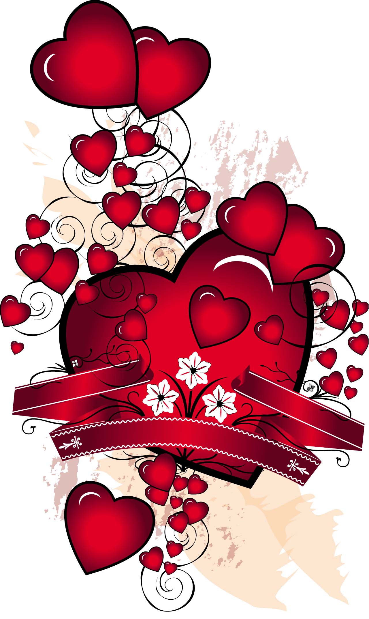 Red hearts and ribbons vector card Free download