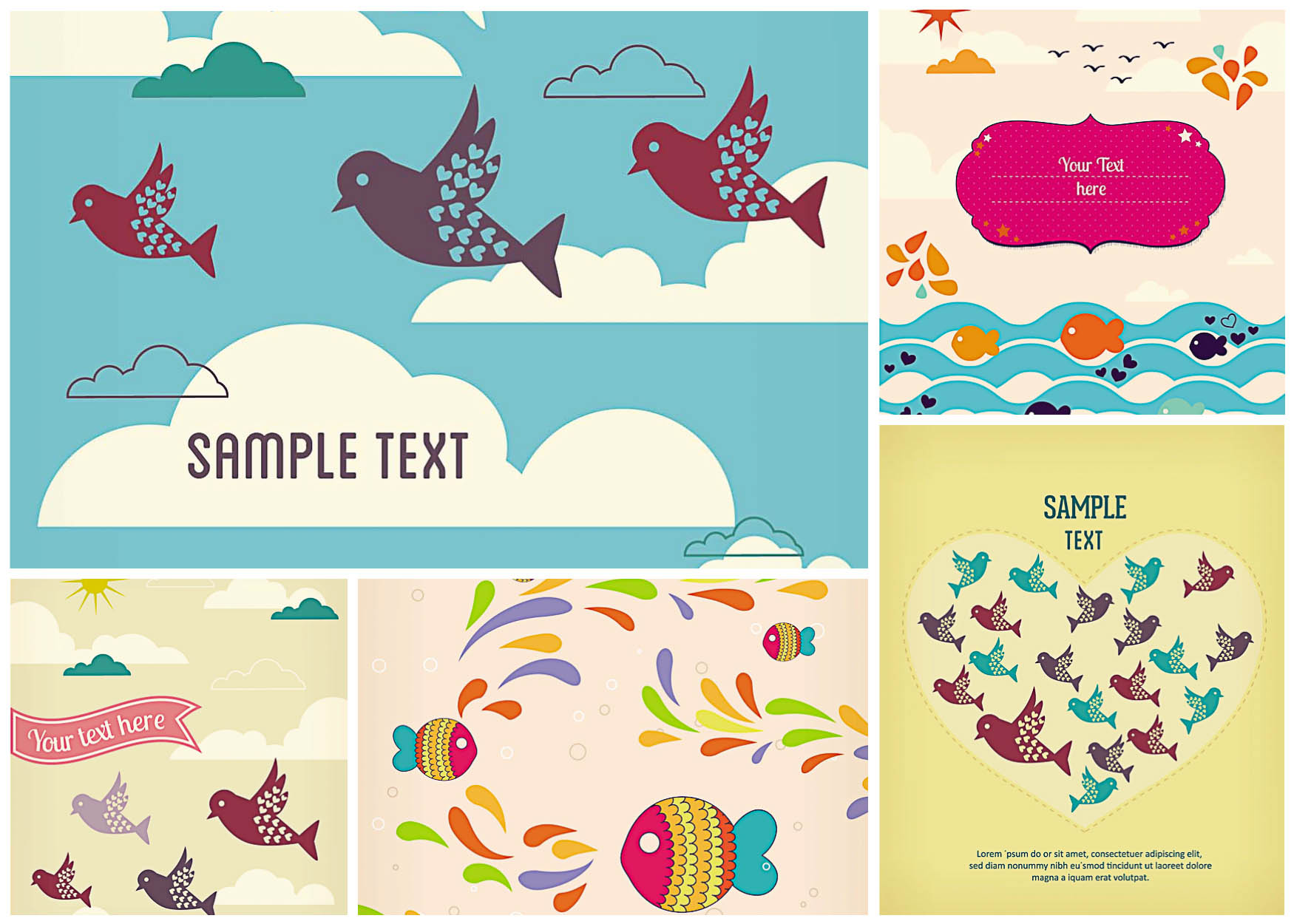 greeting card with birds and fish vector