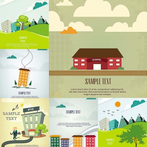 cartoon landscapes and buildings for postcards vector