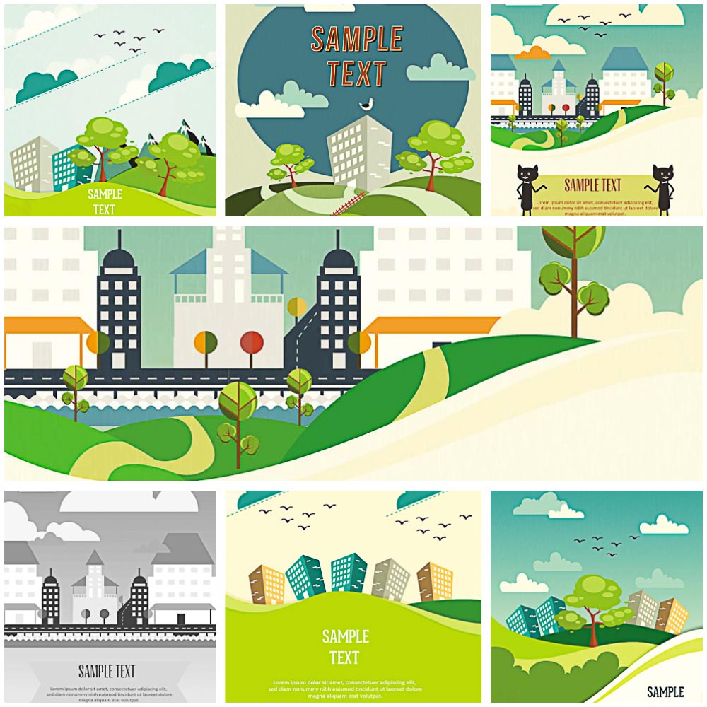 cartoon landscapes and buildings background vector