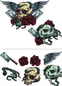 Great Gothic illustration with roses and skulls.