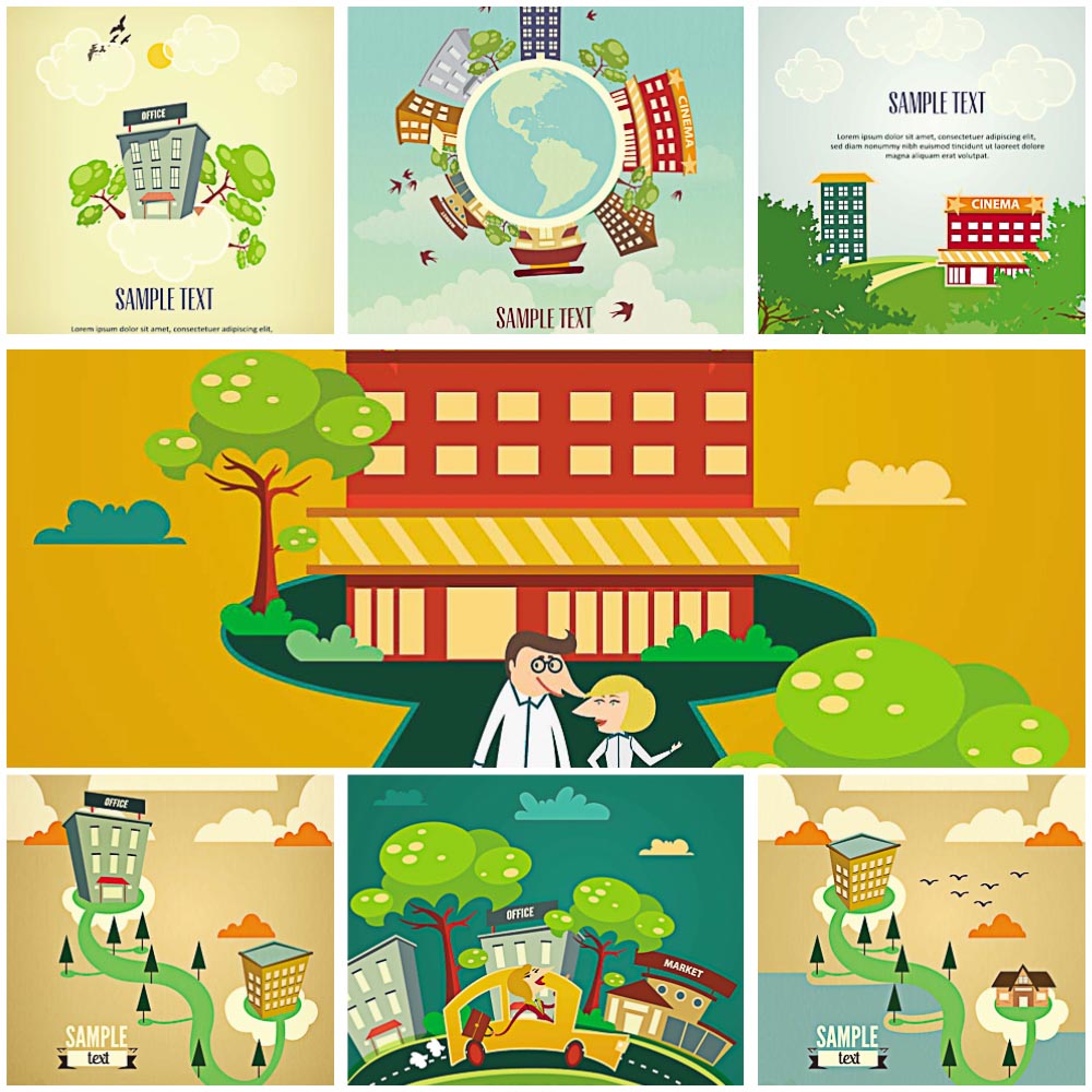 Different cartoon landscapes with buildings vector set