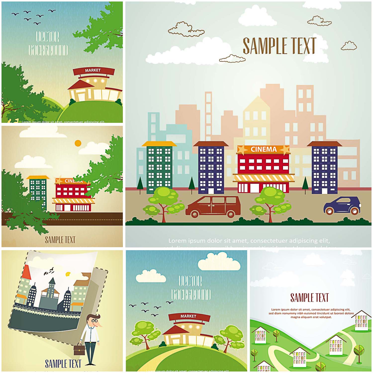 6 vectors with houses and trees