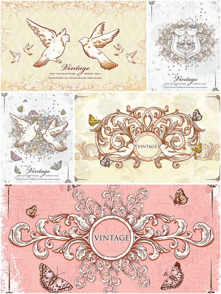 Vintage frames with doves card set vector | Free download