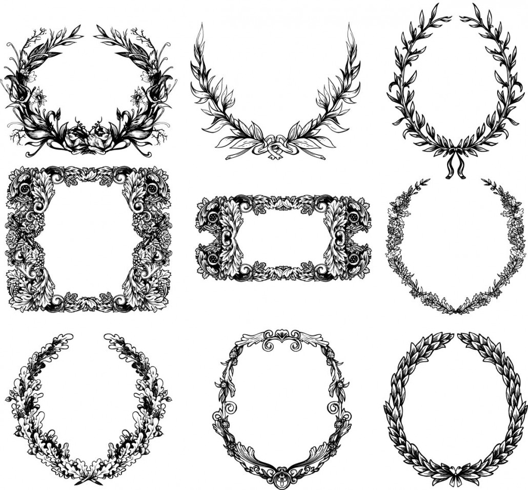 Vintage monochrome floral wreaths set | Free download