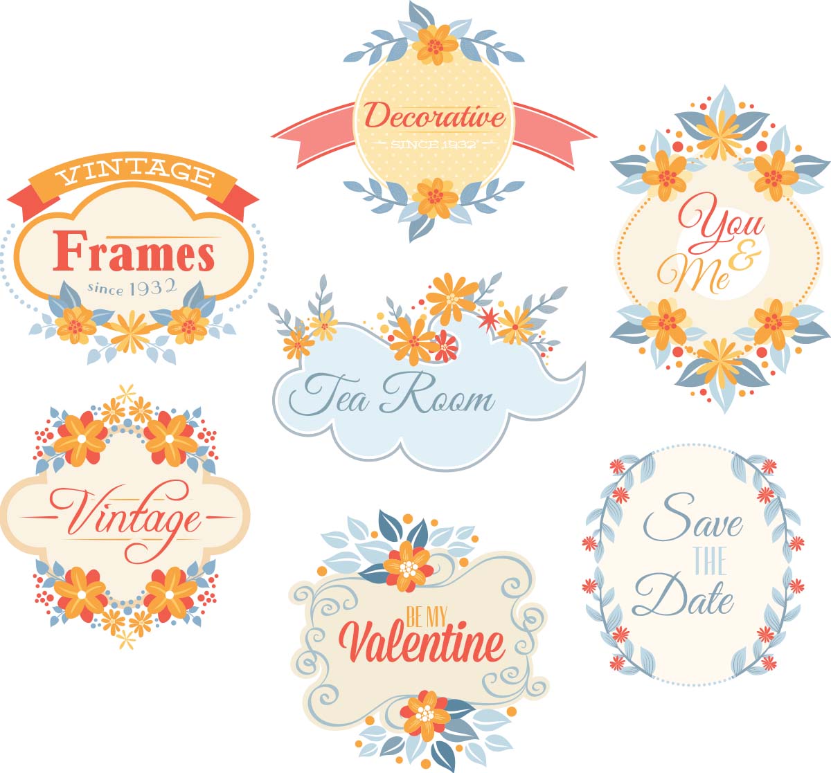 Romantic floral frames and labels set vector