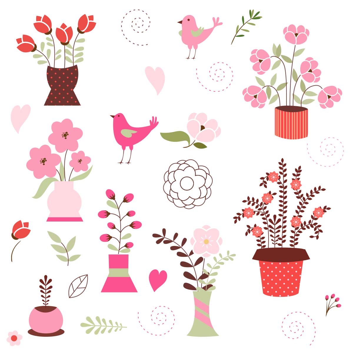 Home flowers with birds free vector set