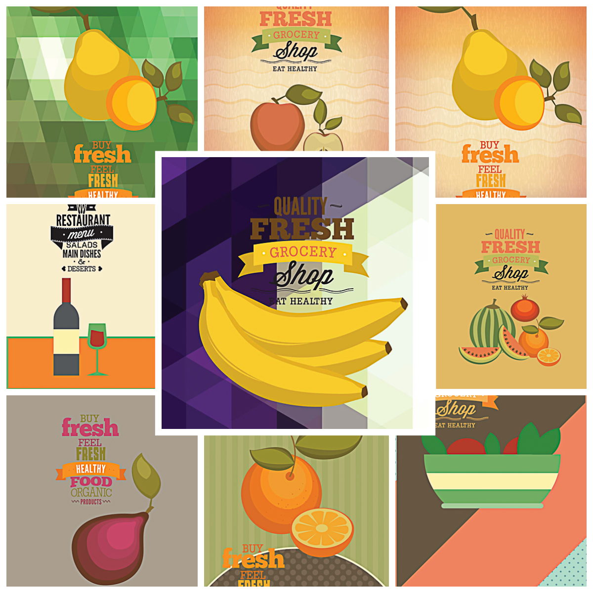Fruits and vegetables shop pattern set vector