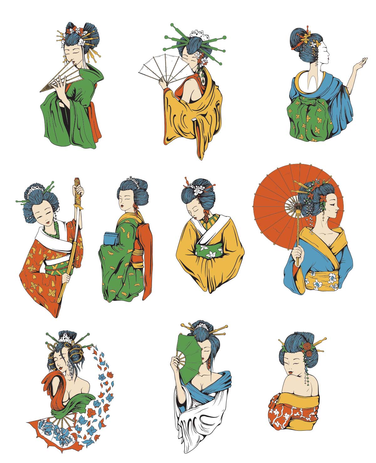 Japanese elements geisha symbols set vector