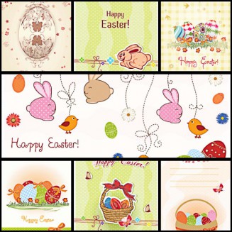 Rabbits and decorative eggs Easter postcard set vector