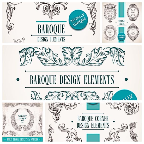 Decorative baroque elements set vector