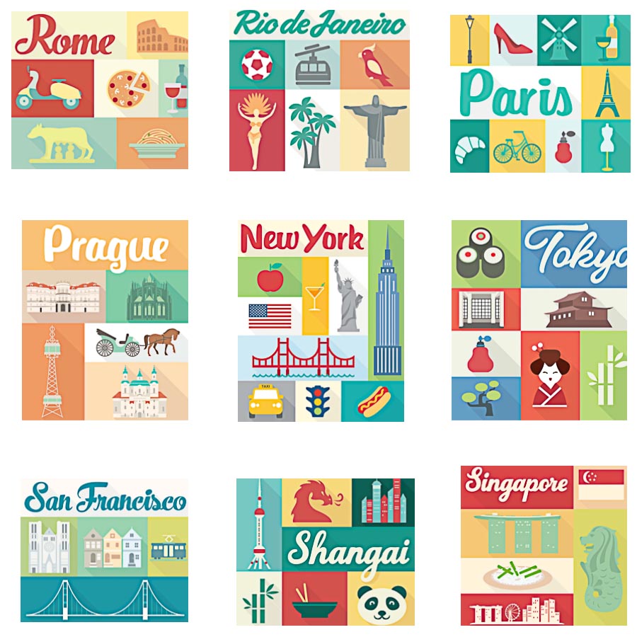 Cities traditional elements flat set vector
