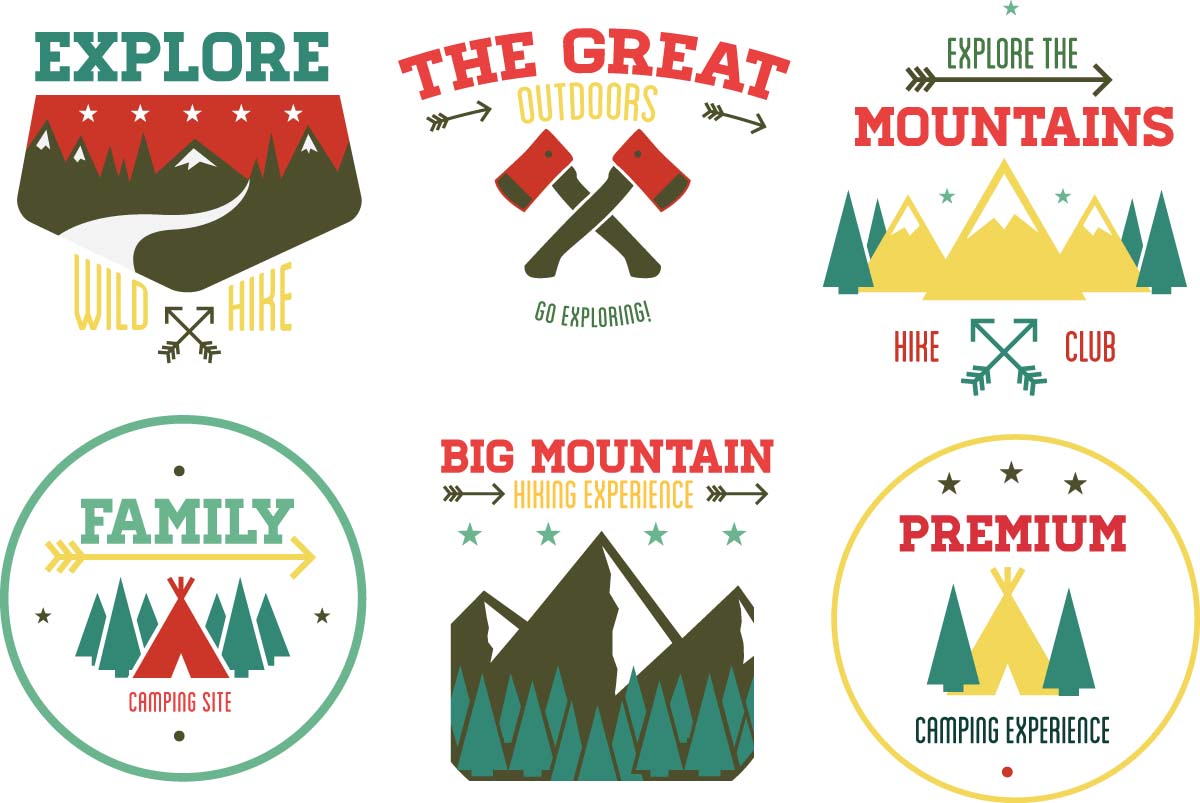 Outdoors tourism camping flat emblems set of fire camp illustration set vector
