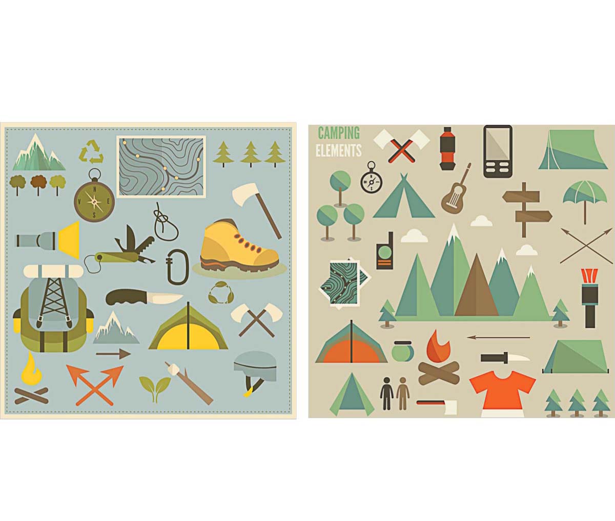 Hiking and camping elements mountains set vector