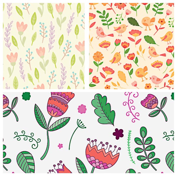 Seamless floral pattern with cute birds set vector