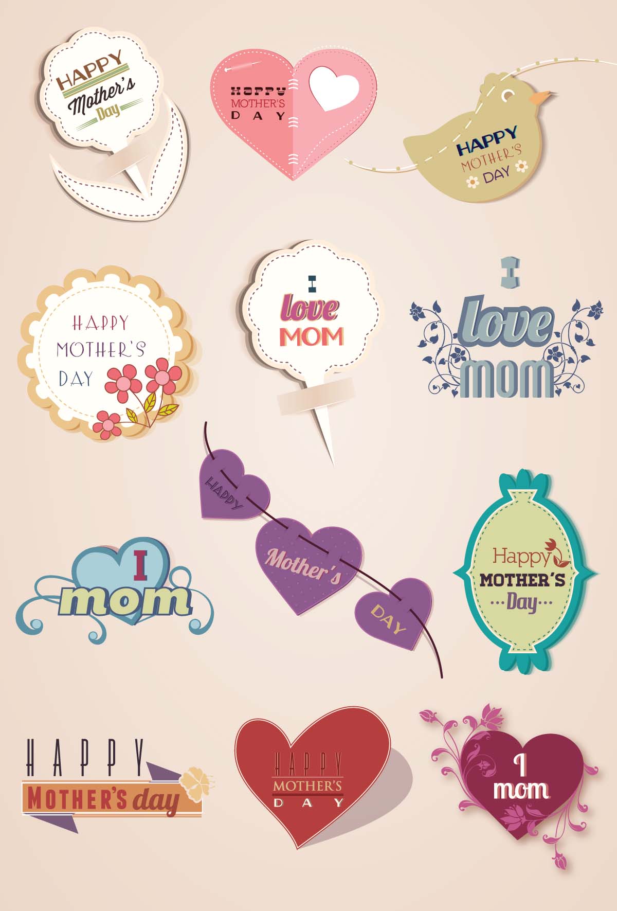 Mother's day elements with hearts and ribbons set vector