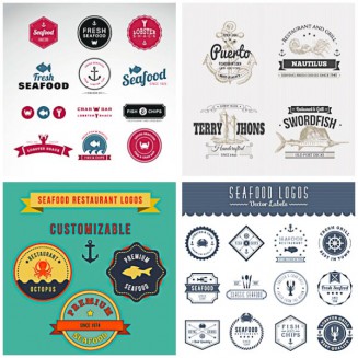 Seafood badges and logos for cafe or restaurant set vector