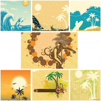 Retro summer illustrations with surf and palms set vector