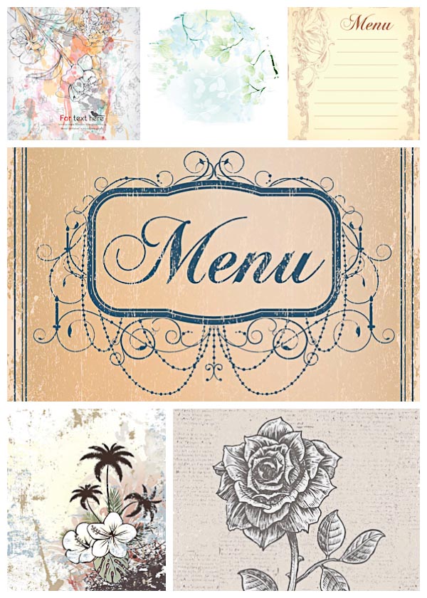 Floral ornaments and vintage menu set vector