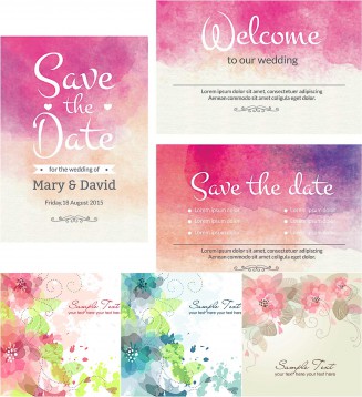 Lovely wedding invitation cards with watercolor design set vector