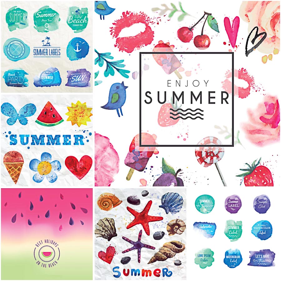 Hand painted summer cards and badges set vector