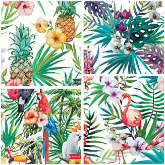 Tropical watercolor patterns with birds set vector
