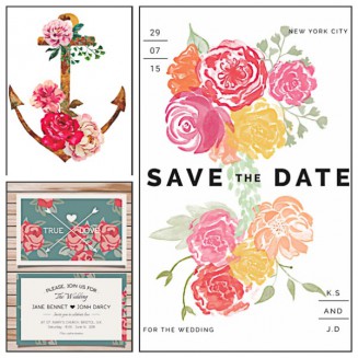 Floral watercolor wedding invitations modern set vector