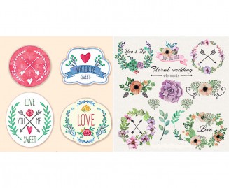 Wedding badges with flowers and arrows cute set vector