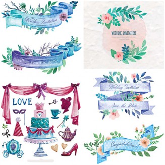 Wedding watercolor elements with ribbons set vector