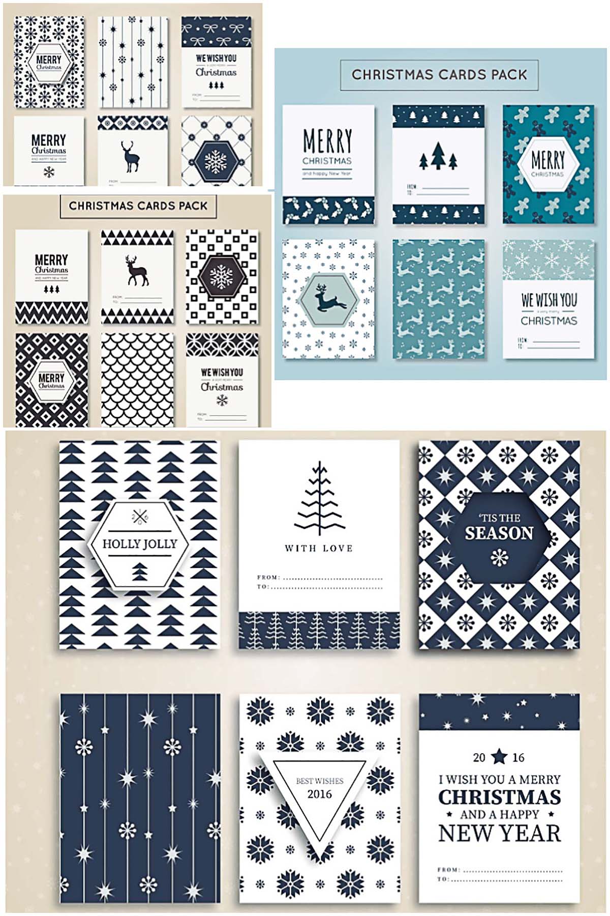 Modern Christmas and New Year postcards with festive pattern