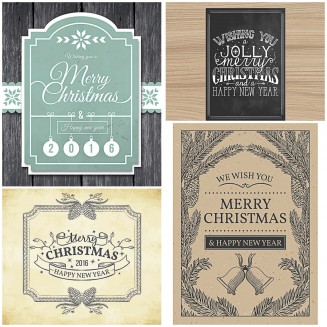Retro Christmas and New Year postcards on wooden boards vector set