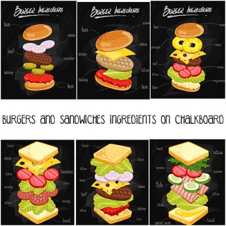 Sandwiches and burgers illustrations on chalkboard free vector