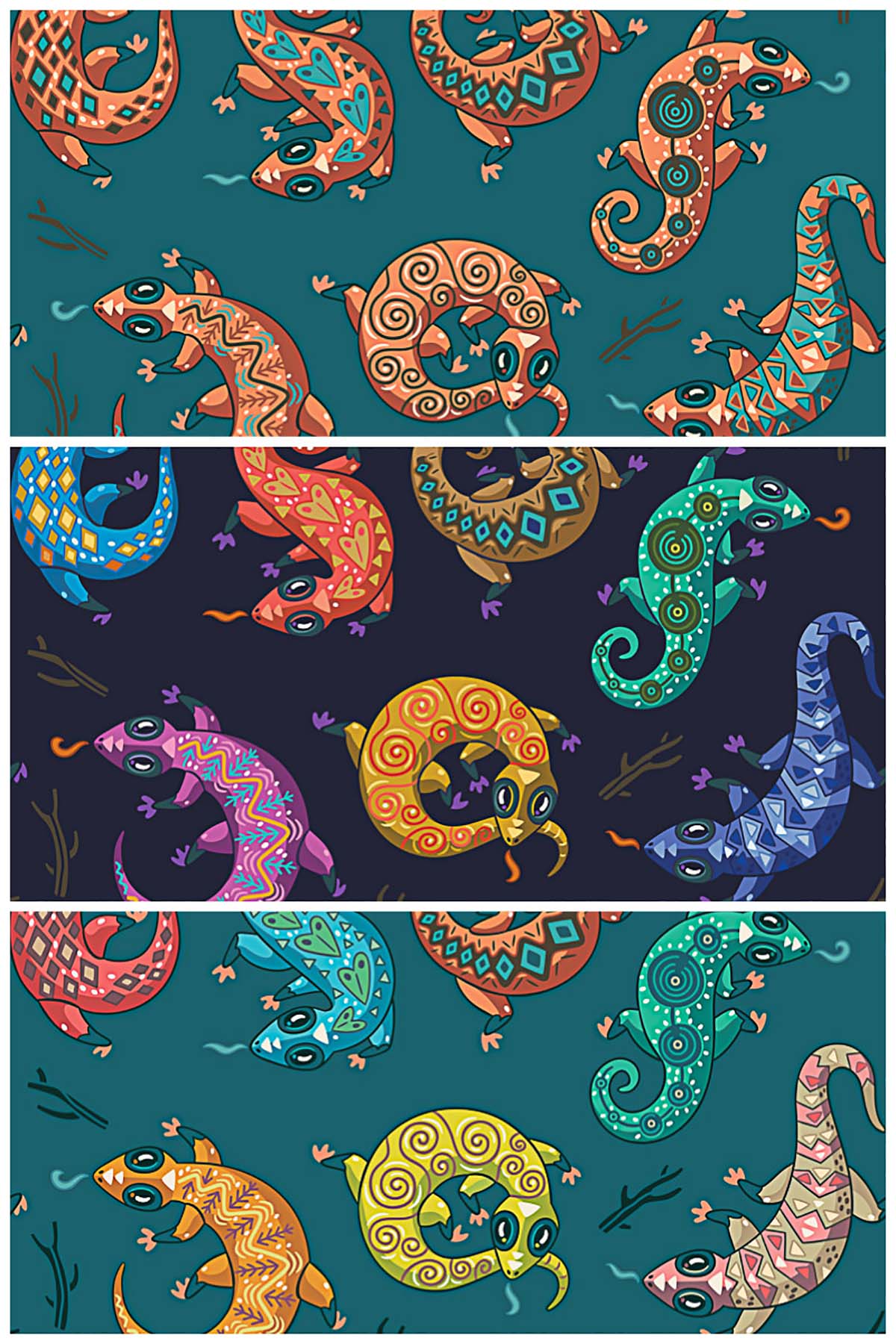 Ethnic geckos seamless pattern vector set