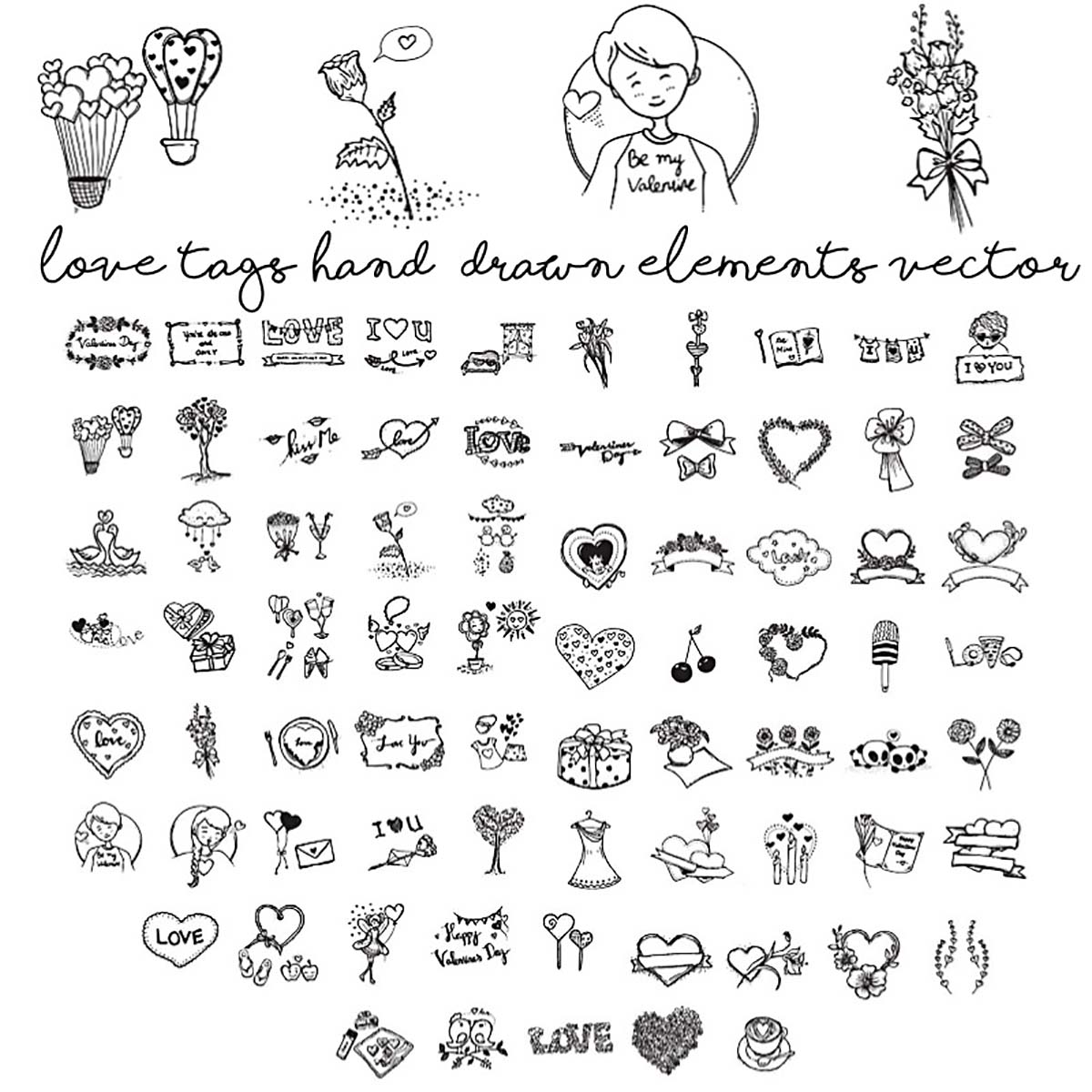 hand drawn love elements free vector bundle