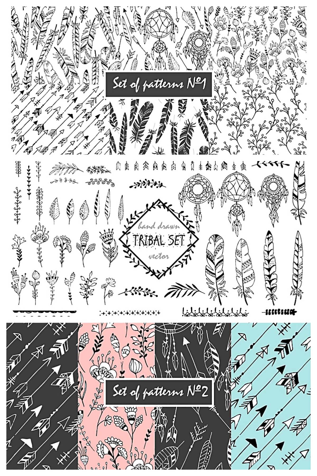 Tribal set of patterns, wreaths and arrows bundle