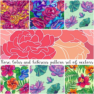 Floral pattern with hibiskus and lotus flowers vector collection