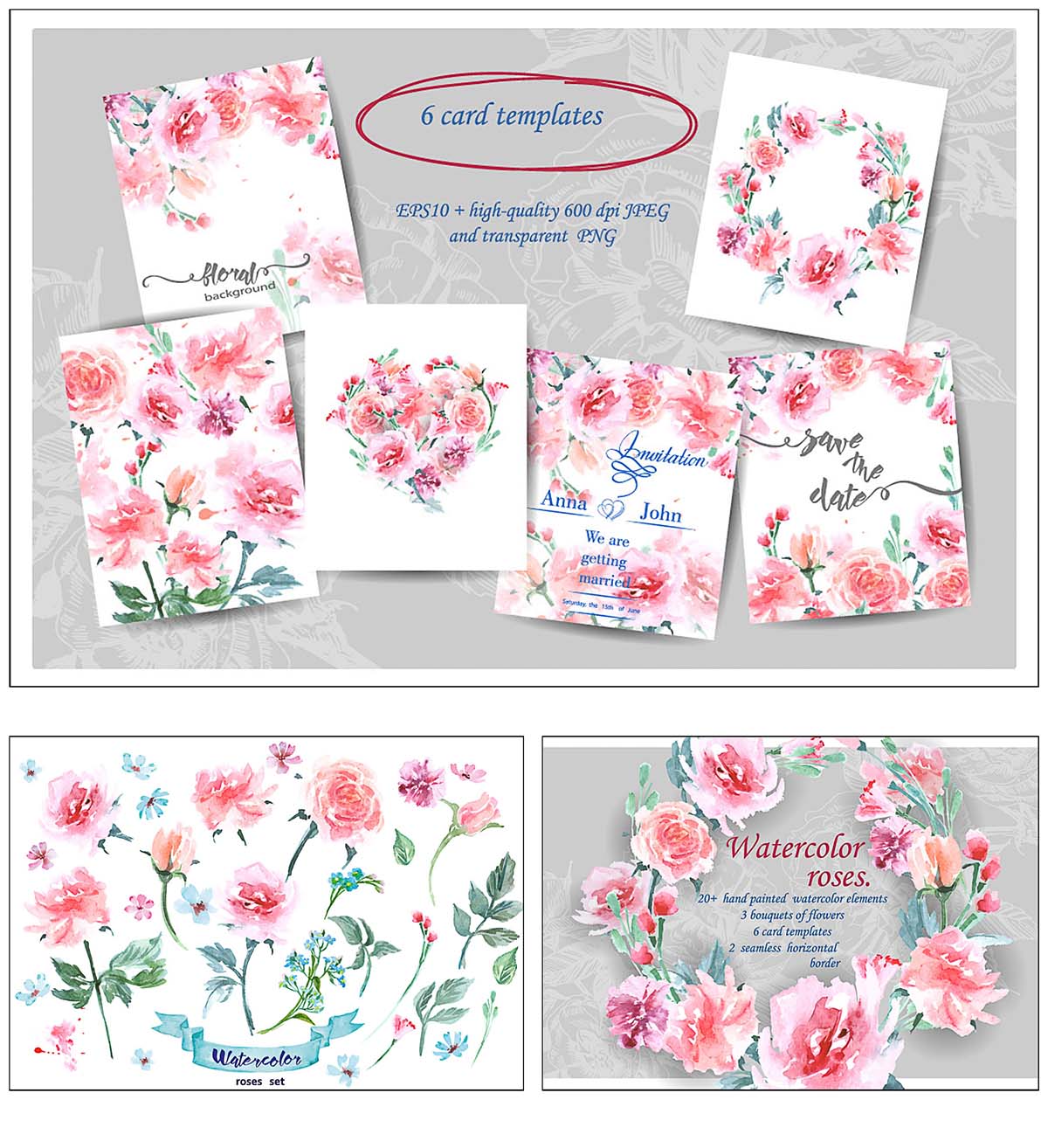 Watercolor roses floral cards set vector