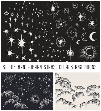 Hand drawn moon, stras and clouds vector set