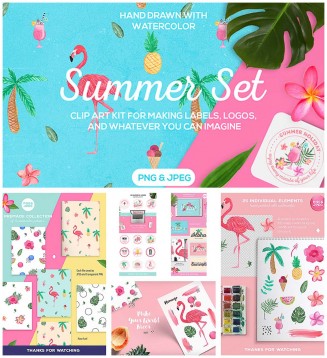 Summer set tropical watercolor set