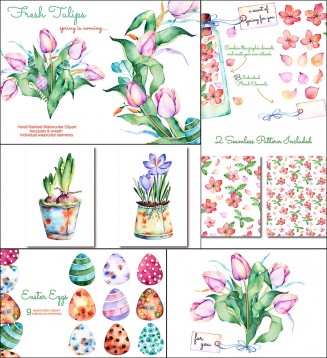 Hand drawn watercolor spring flowers and eggs