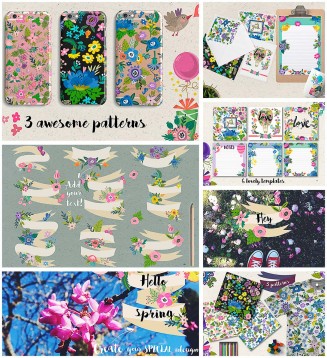 Colorful spring patterns and illustrations set