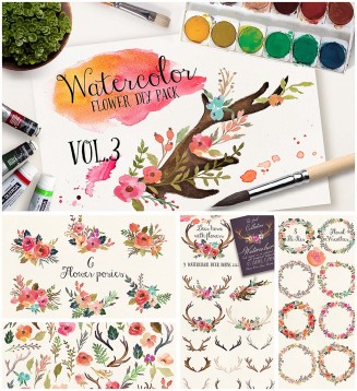 Watercolor DIY flowers and horns illustration