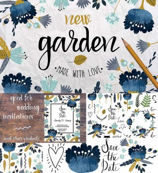 Garden with flowers illustrations and patterns 