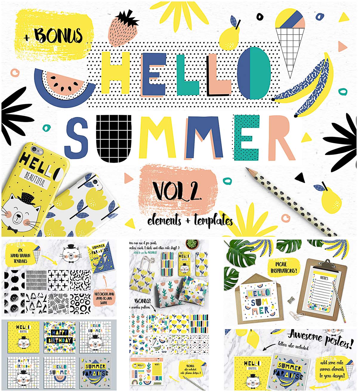 Summer elements patterns and stickers set