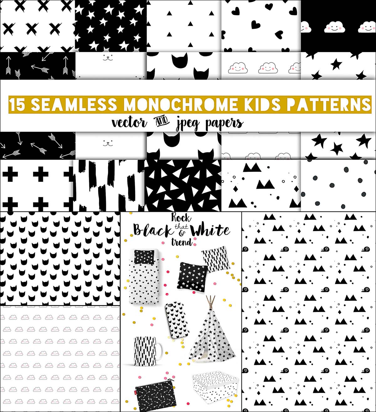 16 monochrome kids pattern
